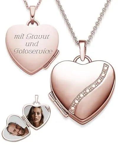 Produktbild: Herz Medaillon zum Öffnen für Bilder Rosegold | Kette Damen Medallion mit Bild | Foto Amulett Anhänger Herzmedallion | Halskette Herzkette mit Gravur