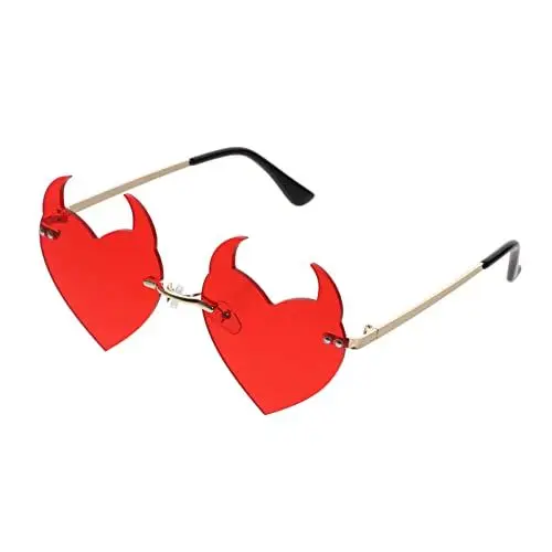 Produktbild: Herz Randlose Sonnenbrille Rahmenlose Brille: Halloween Sonnenbrille Teufel Sonnenbrille Grau Party Brille für Party Nachtclub Bar Tanz Foto Requisiten, rot, Medium