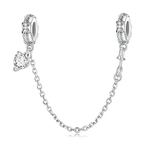 Produktbild: Herz Sicherheitsketten Charm für Pandora Armband, 925 Sterling Silber Retro Muster Silikon Stopper Clip Bead für Damen armbänder