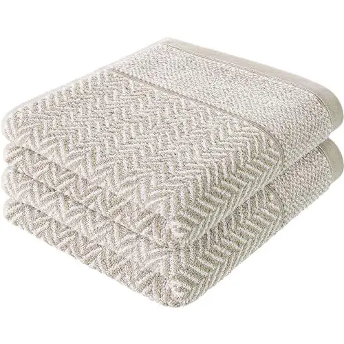 Produktbild: herzbach home Handtuch Set 100% Baumwolle Gemustert (Sandgrau/Weiß, 2 Handtücher 50x100 cm)