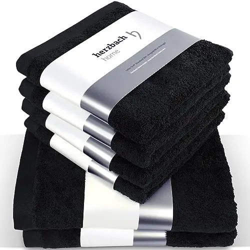 Produktbild: herzbach home Set mit 6 Handtüchern Premium (schwarz) – 4 x 50 x 100 cm und 2 x 70 x 140 cm – hochwertige Handtücher, weich und saugfähig, aus natürlicher Baumwolle