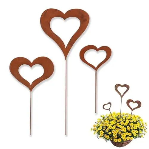 Produktbild: cuhostki Herzen Stecker Gartendeko, 3 stück Blumentopf Deko Stecker Herz aus Edelrost Metall, Design Gartendeko für Garten Beet Roststecker Blumenstecker