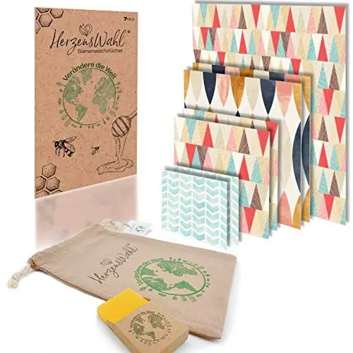 Produktbild: HerzensWahl Bienenwachstücher 7er Set inkl. Bio Baumwollbeutel zur Aufbewahrung + Bienenwachsblock | Bio Bienenwachs Wachspapier | Zero Waste Wachstuch für Lebensmittel | Bees Wrap Bienenwachs