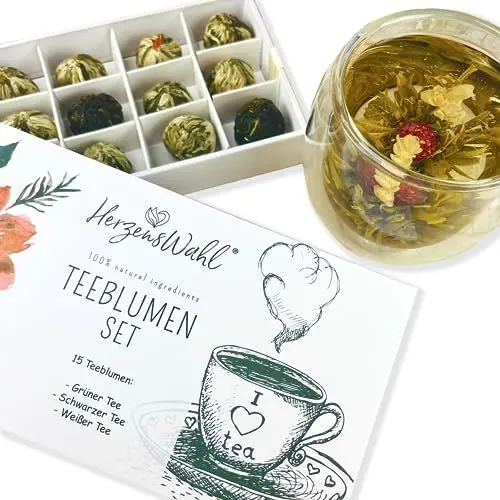 Produktbild: HerzensWahl Teeblumen Geschenkset | 15x Teeblumen weißer Tee, grüner Tee & schwarzer Tee in Teebox | Teerosen Probierset | Teeblumen Set für Teeliebhaber inkl. Geschenkbox