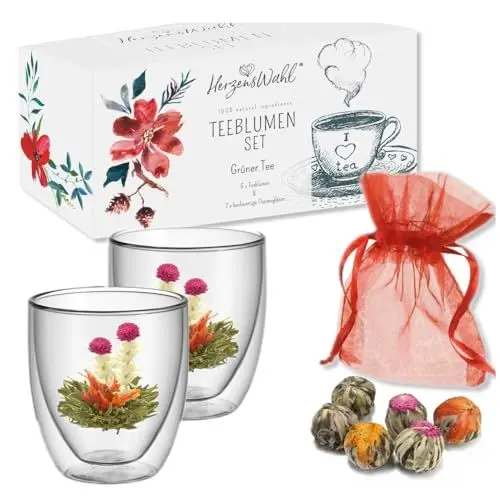 Produktbild: HerzensWahl Teeblumen Geschenkset | 6x Teeblumen, 2x Teetassen & Geschenkbox | Erblühtee | Teerosen Probierset | grüner Tee – Teeblumen & (Teegläser Set) für Teeliebhaber