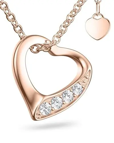 Produktbild: Herzkette Halskette Damen Rosegold (Silber 925 vergoldet) Kette mit Herz-Anhänger Ich liebe Dich mit Zirkonia-Steinen Schmuck Geschenke für Frauen Sie Freundin mit Gravur zum Jahrestag Liebesgeschenk
