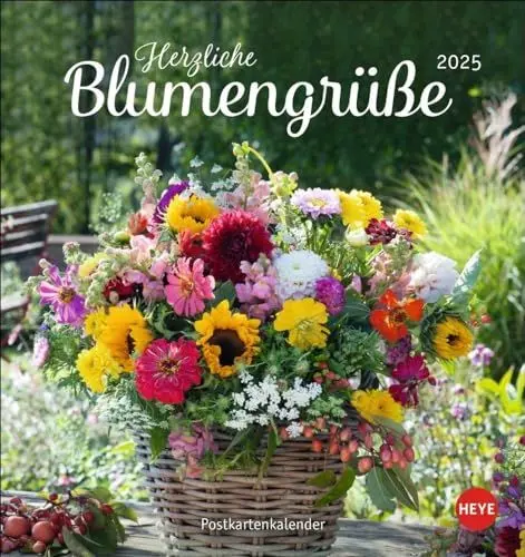 Produktbild: Herzliche Blumengrüße Postkartenkalender 2025: Kleiner Kalender mit 12 traumhaften Fotos von Blumensträußen und Blüten. Zum Aufstellen oder Aufhängen. ... mit Postkarten. (Postkartenkalender Heye)