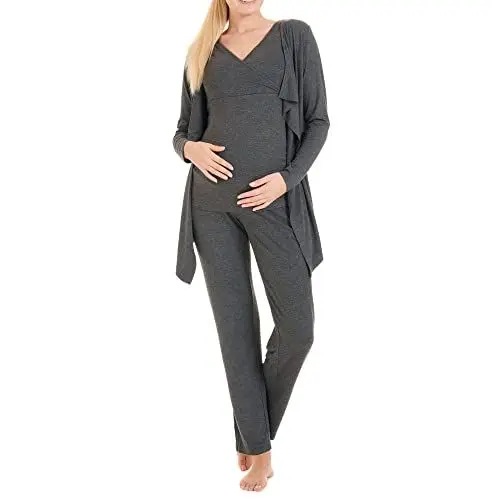 Produktbild: Herzmutter Stillpyjama-Set - 3-teilig - Umstands-Pyjama für Damen - Schwangerschafts-Wochenbett-Set - Hose-Top-Cardigan - 8100 (Dunkelgrau, XXL)