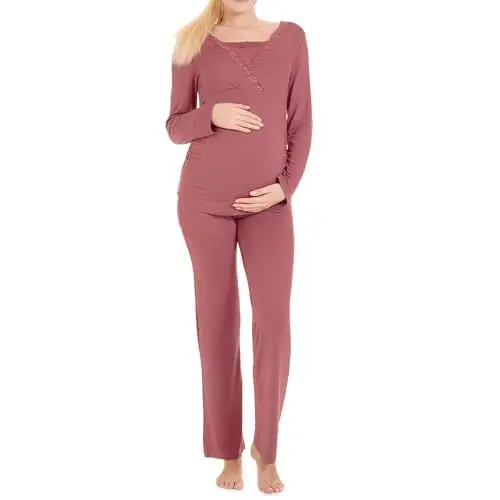 Produktbild: Herzmutter Stillpyjama-Umstandspyjama - Schlafanzug für Damen mit Spitze - Stillfunktion - Nachtwäsche für Schwangerschaft - Langarm - 2000 (XXL, Rosa)