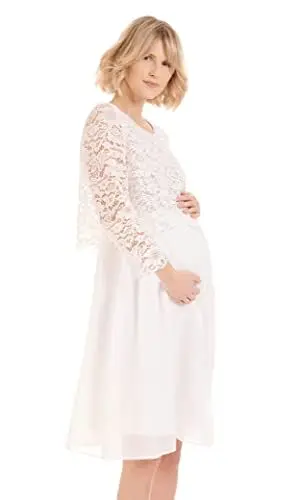 Produktbild: Herzmutter Umstandskleid festlich - Hochzeitskleid-Brautkleid - Weiß - Schwangerschaftskleid aus Chiffon-Spitze - 6400 (M, Creme-Weiß)