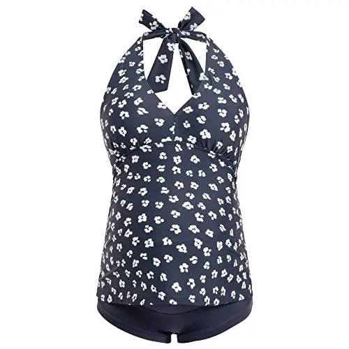 Produktbild: Herzmutter Umstandstankini - Schwangerschafts-Badeanzug - Neckholder - Zweiteiler-Bademode - Überbauchhose-Panty - 7100 2.0 (L, Blau-Blumen)
