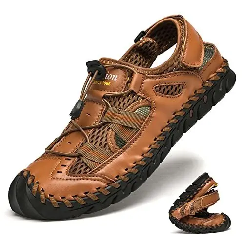 Produktbild: HESBITEUL Herren Leder Strand Wandersandale Trekkingsandalen Outdoorschuhe Sommer Freizeitschuhe Wanderschuhe Männer Sport-Outdoor Wasser Fischer Atmungsaktive Sandale