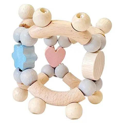 Produktbild: Hess Holzspielzeug 11095 - Motorikrassel aus Holz, kugelförmig, Serie Herzchen, mit beweglichen Teilen, für Babys ab 6 Monaten, handgefertigt, nature rosa/blau