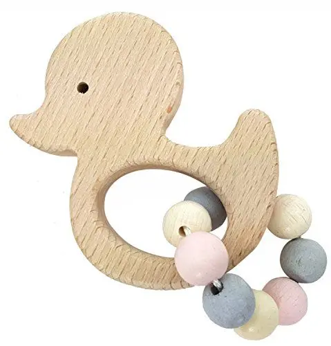 Produktbild: Hess Holzspielzeug 11111 - Greifling aus Holz mit Kleiner Kugelkette, Nature Serie Ente in Rosa, für Babys ab 6 Monaten, handgefertigt, für Greifübungen