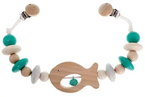 Produktbild: Hess Holzspielzeug 12967 - Wagenkette aus Holz, Serie Fisch, für Babys ab 3 Monaten, handgefertigt, nature türkis, mit 2 Sicherheitsclips, Länge ca. 50 cm, für Kinderwagen und Babyschale