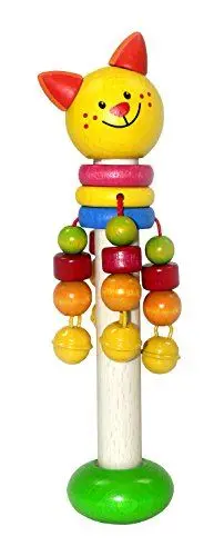 Produktbild: Hess Holzspielzeug 14668 - Schellenstab aus Holz mit Glöckchen, Perlen und Ringen, Serie Katze, handgefertigt, für Greifübungen und fröhlichen Rassel-Spaß