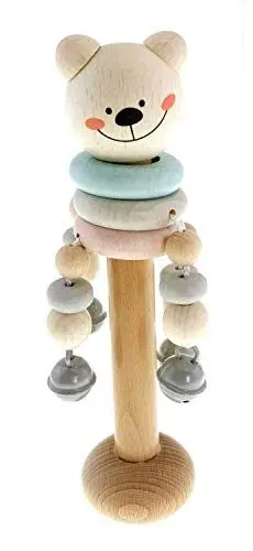 Produktbild: Hess Holzspielzeug 14669 - Schellenstab aus Holz mit Glöckchen, Perlen und Ringen, Nature Serie Bär, handgefertigt, für Greifübungen und fröhlichen Rassel-Spaß