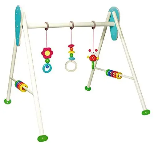 Produktbild: Hess Holzspielzeug 20030 - Spielgerät aus Holz, Serie Käfer Tom, für Babys, handgefertigter Spiel-Bogen mit farbenfrohen Figuren und Rasseln, ca. 62 x 57 x 54,5 cm groß