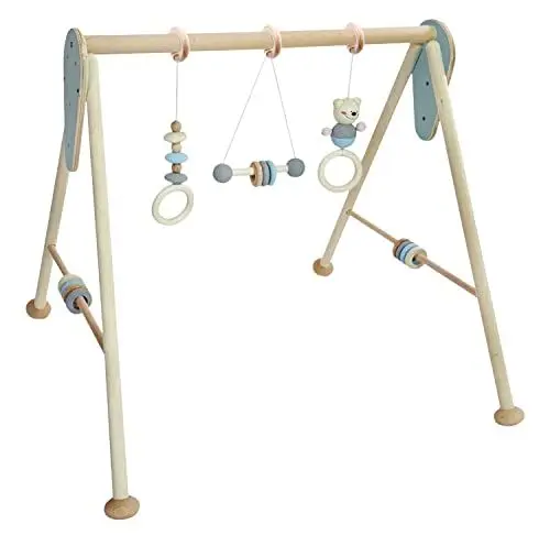 Produktbild: Hess Holzspielzeug 20035 - Spielgerät aus Holz, Nature Serie Bär in Blau, für Babys, handgefertigter Spiel-Bogen mit Figuren und Rasseln, ca. 62 x 57 x 54,5 cm groß