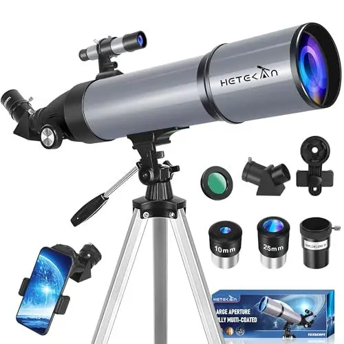 Produktbild: HETEKAN Teleskop, 80/600mm Teleskope Für Erwachsene, Tragbares Astronomisches Refraktor Teleskop Für Kinder & Anfänger, Zur Beobachtung Von Mond Und Sternen Mit Telefonadapter Und Tragetasche