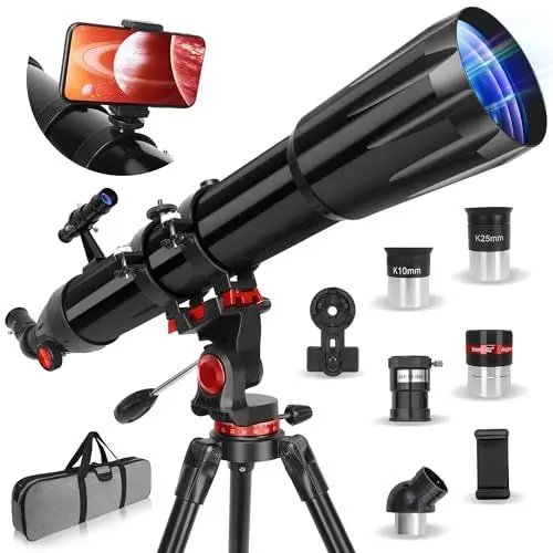 Produktbild: HETEKAN Teleskop, Teleskop Astronomie für Erwachsene, 90 mm Öffnung 900 mm, Profi Refraktor Teleskop für Kinder und Anfänger, Vergrößerung (36X-450X), zur Beobachtung von Planeten mit Edelstahlstativ