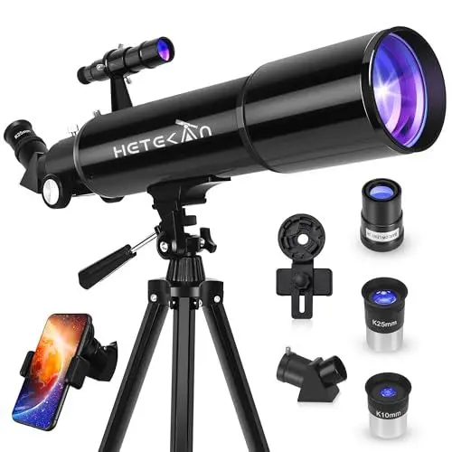 Produktbild: HETEKAN Teleskop, Teleskop für Erwachsene Astronomie, 80mm Apertur 600mm Refraktor Teleskop für Kinder & Anfänger, Vergrößerung 180X, für Mondbeobachtung mit Telefon-Adapter