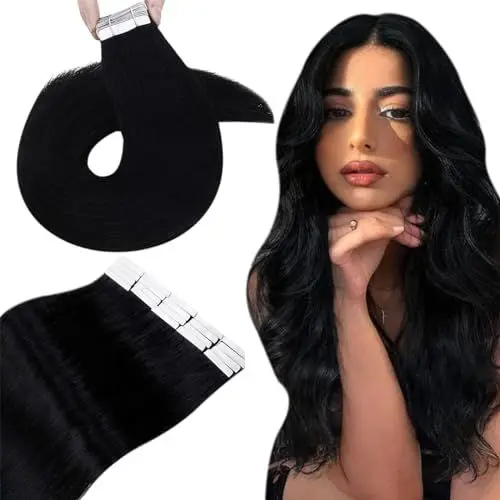 Produktbild: Tape in Extensions Schwarz 55CM Tape Extensions Echthaar Remy Tape Extensions Seidig Haar Schwarz Remy Skin Weft #1 50g