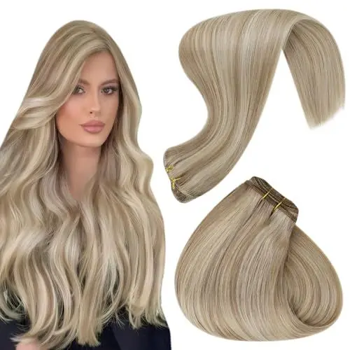 Produktbild: Hetto Tressen Extensions Echthaar Highlights Mittel Blond to Goldene Blond Weft Extensions Echthaar Sew in Remy Gerade Invisible Doppelt-Tressen Weave Haarverlängerung 70g 30 cm #17/23