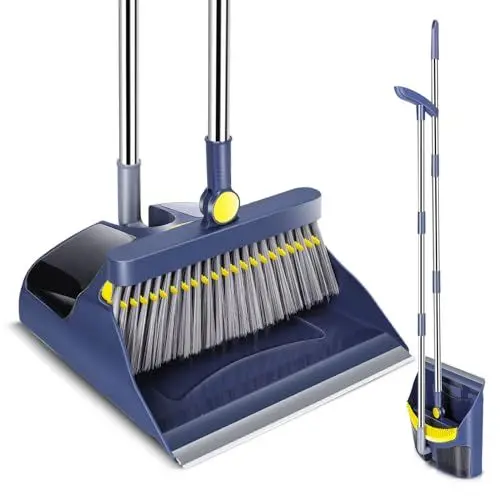 Produktbild: HEVOL Besen mit Stiel, Besen und Kehrschaufel Set mit Gummilippe, Schaufel und Besen Set, Aufrechter Kehrmaschine und Kehrschaufel Combo mit Kamm für Haushaltsreinigung, Bodenreinigung – Blau