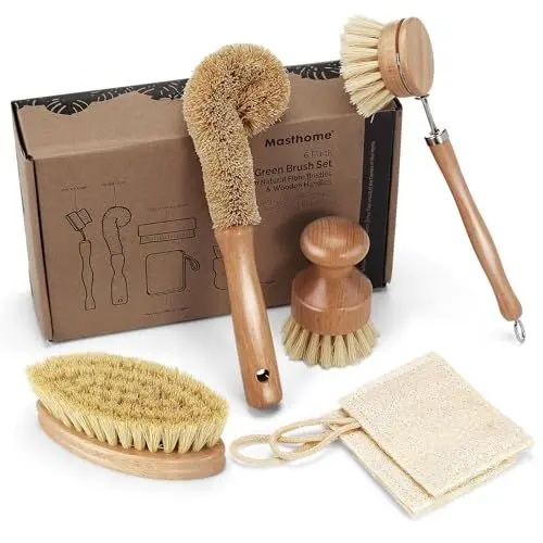 Produktbild: HEVOL Reinigungsbürste Set,5-Teiliges Sisal Geschirrbürste mit 1 Spülbürste,1 Flaschenbürste,1 Rundbürste,1 Topfbürste und 2 Luffa Reinigungstücher,Küchen Reinigungsset für Topf,Pfanne Reinigung