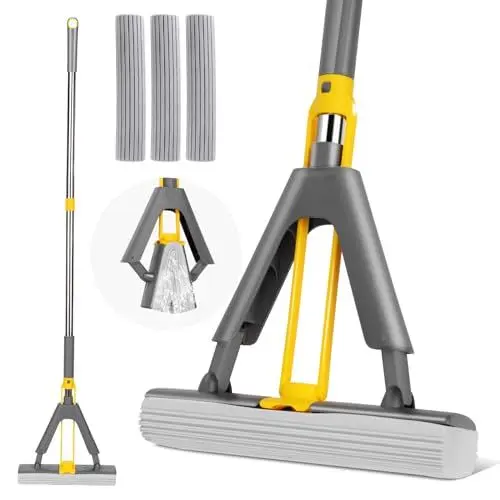 Produktbild: Bodenwischer mit Auswringfunktion, HEVOL Schwamm Wischmopp, Saugfähig Wischer, Schwammwischer mit 3 PVA Schwammköpfe, 128cm Schwamm Mopp für Reinigung Fliesen, Laminat, Hartholz, Marmorboden