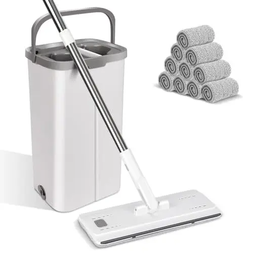 Produktbild: HEVOL Wischmopp Set mit Eimer, Bodenwischer mit Auswringfunktion, 360-Grad-Drehkopf, Langem Edelstahl Griff, 10 Stück Mikrofaserpads, Nass- und Trockengebrauch für Hartholz-Laminat-Fliesenboden