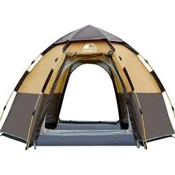 Produktbild: HEWOLF Camping Zelt 3-4 Personen Kuppelzelt Wasserdicht UV-Schutz Pop Up Zelt Doppelschicht Wurfzelt Sechseckiges Sekundenzelt Großes Familienzelt mit Regenfliege Tragetasche Braun Braun