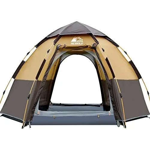 Produktbild: HEWOLF Camping Zelt 3-4 Personen Kuppelzelt Wasserdicht UV-Schutz Pop Up Zelt Doppelschicht Wurfzelt Sechseckiges Sekundenzelt Großes Familienzelt mit Regenfliege Tragetasche Braun Braun