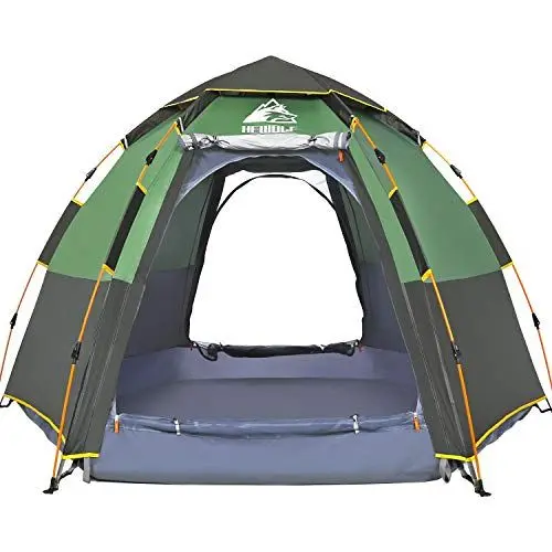 Produktbild: HEWOLF Camping Zelt 3-4 Personen Kuppelzelt Wasserdicht UV-Schutz Pop Up Zelt Doppelschicht Wurfzelt Sechseckiges Sekundenzelt Großes Familienzelt mit Regenfliege Tragetasche Braun Grün