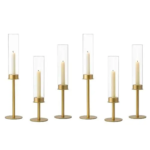 Produktbild: Hewory Kerzenständer Gold Kerzenhalter Stabkerze: 6er Metall Stabkerzenhalter Goldene mit Glaszylinder ohne Boden für Spitzkerzen, Kerzenleuchter für Weihnachtsdeko Wohnzimmer Hochzeit Esstisch