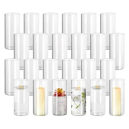 Produktbild: Hewory Windlicht Glas Kerzenhalter Zylinder: 24er Kerzenglas Glaszylinder für Kerzen Schwimmkerzen Stumpenkerzen Glasvase für Tischdeko Hochzeit Event, 20cm Höhe