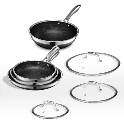 Produktbild: HexClad 7 teiliges Hybrid Edelstahl Kochgeschirr Set mit Deckel und Wok, Metallutensilien und induktionsgeeignet, leicht zu reinigende Antihaft-Bratpfanne mit Deckel