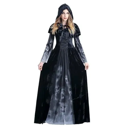 Produktbild: MiiDD Hexenkostüm Damen,Vampir kostüm Damen,Ghostface Kostüm,Schwarzer Umhang mit Kapuze aus Samt,Zombie Skelett Kostüm Damen Langarm Vampir Kleid Langes,Steampunk Kostüm Damen(Schwarz,M)