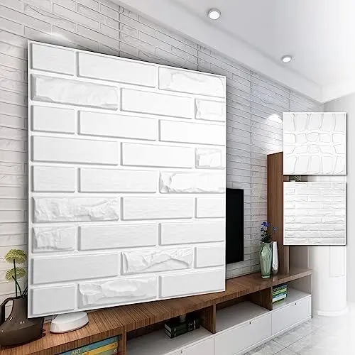 Produktbild: HEXIM 3D Wandpaneele, PVC Kunststoff weiß - Steinoptik Design Paneele 50x50cm Wandverkleidung (3QM HD114) hinter TV Hintergrund PVC Deckenverkleidung