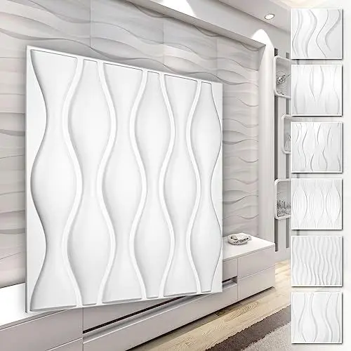 Produktbild: HEXIM 3D Wandpaneele, PVC Kunststoff weiß - Wellen Design Paneele 50x50cm Wandverkleidung (5QM HD052) Platten Kunststoff hart Balkon