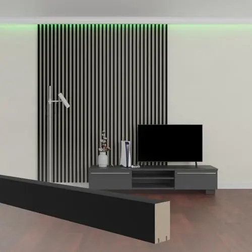 Produktbild: HEXIM Lamellen 2,7 Meter - MDF Holzlamellen in Schwarz - Wandverkleidung Akustik Lamellen Dekor Lamellenverkleidung Lamellenwand Holz Lamelle - Riviera Black Edition (2 Stück / 5,4 Meter)