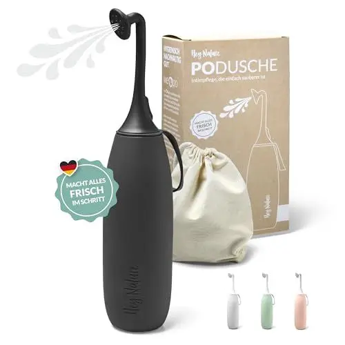 Produktbild: Hey Nature Po Dusche schwarz, mobiles Bidet für eine sanfte, hygienische Reinigung des Intimbereichs. Podusche für Hilfe im Wochenbett, bei Hämorrhoiden & als Alternative zu feuchtem Toilettenpapier