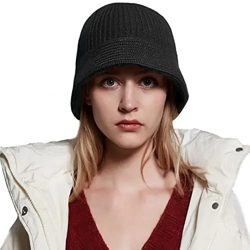 Produktbild: HEYANN Damen Winter Eimer Hut Wolle Bequem Strickmütze Mit Reiner Wolle Für Frauen Kopfbedeckung Warme Mütze Passform Im Herbst Winter (Schwarz)