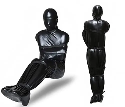 Produktbild: HeYie Leder Erotik Schlafsack Leichensack Saunasack Overall Zwangsjacke BDSM Maske Handschellen Fesseln Rückhaltesystem Fessel Set Fetisch Kleidung Sklave Sexspielzeug Erotik Schlafsack Männer Frauen