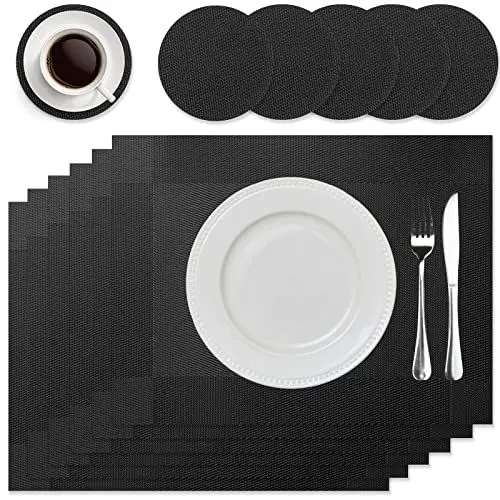 Produktbild: HEYOMART 6er Set Platzsets und Untersetzer, rutschfest Abwaschbar Tischsets, PVC Vinyl Hitzebeständig Platzdeckchen, Ideal für Küche, Party, Hochzeit usw, Schwarz