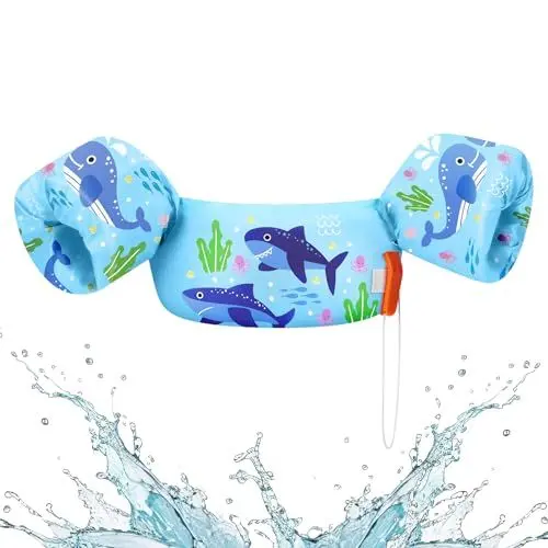 Produktbild: HeySplash Kinder Schwimmflügel, Cartoon Design 2-6 Jahre Kinder Schwimmreifen Sicher Kein Aufblasen Schwimmgürtel mit Sicherheitsverschluss für Jungen und Mädchen Schwimmtrainer, Haiblau