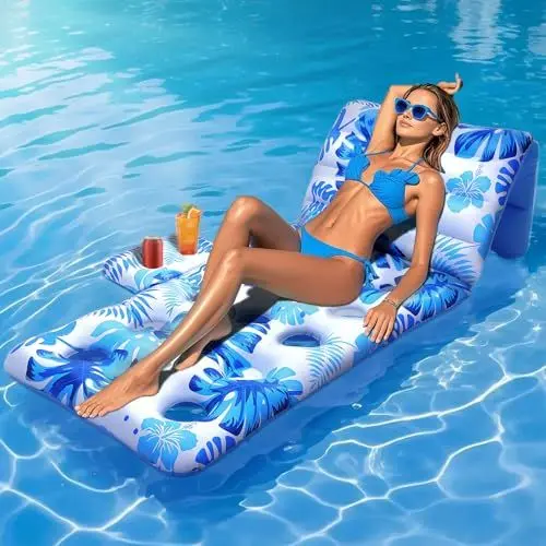 Produktbild: HeySplash Pool Lounger Float, Aufblasbarer Pool Float Erwachsene mit Verstellbarer Rückenlehne, Pool Float mit Becherhalter für Strände, Seen für Erwachsene Einfach zu Bedienen, Blaues Palmblatt