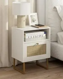 Produktbild: HEYZOEY Nachttisch Rattan, moderner Boho-Bauernhaus-Nachttisch aus Holz mit Schublade und offenem Regal, Kleiner Beistelltisch mit goldenem Rahmen für Schlafzimmer, Wohnzimmer, weiß