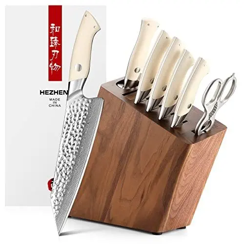Produktbild: HEZHEN Damast Messerblock Set 8-Teilig, Profi Küchen Messerset, Damaszener Stahl Kochmesser Set Santoku, Küchenschere aus Edelstahl Messerschärfer, Messerhalter aus Holz